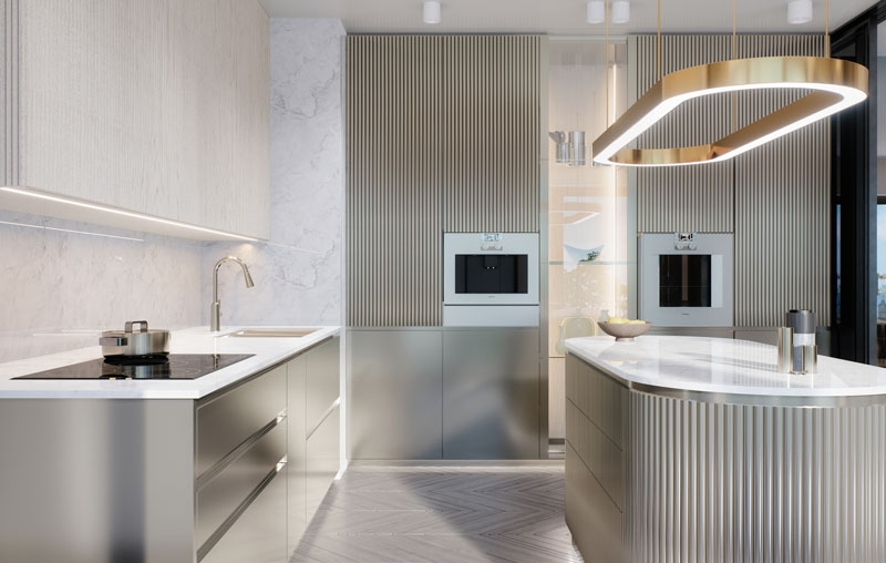 Nowoczesna, luksusowa kuchnia w jasnych kolorach z wyspą, minimalistyczną zabudową i designerszym oświetleniem, projekt wnętrza autorstwa Marty Knycz, architekt wnętrz Warszawa.